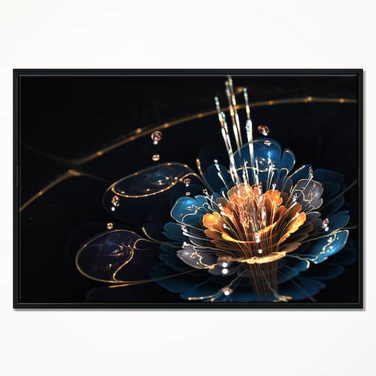 Designart - Orange Blue Flower with Water Drops - Floral Art Framed Canvas Print